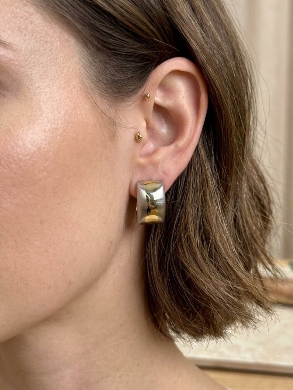 E816 Vintage Rectangle  Shaped Metal Earrings Brushed Two Tone Silver & Gold